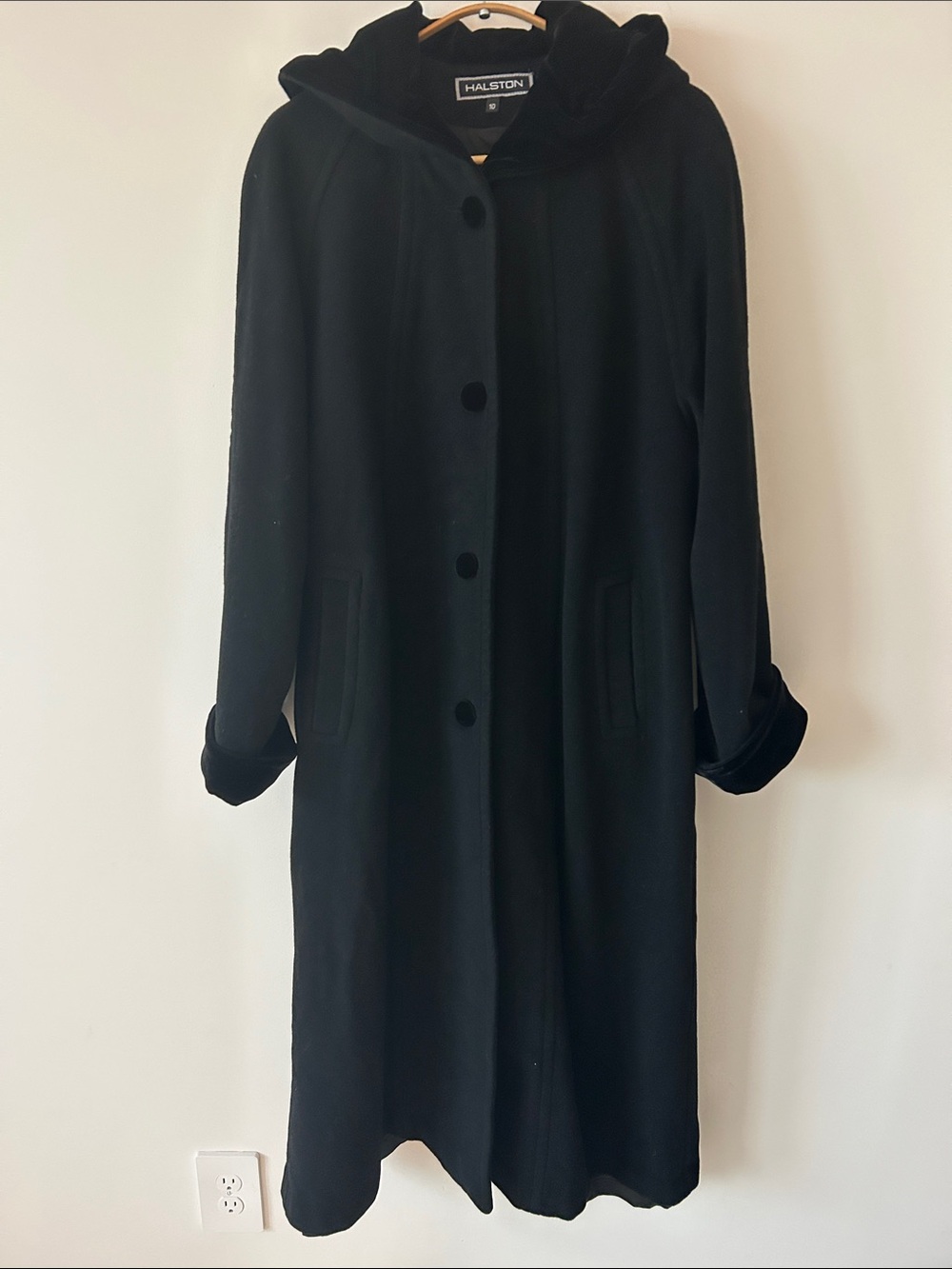 Vintage Halston Black 100% Wool Maxi Coat Velvet Hood Trim Size 10